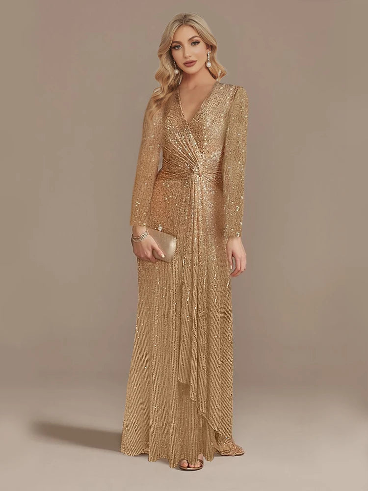 Maxy Luxury Long Sleeve V-Neck Evening Dress Wedding Party Sequins For Women Female Guests Red Prom Cocktail Dresses