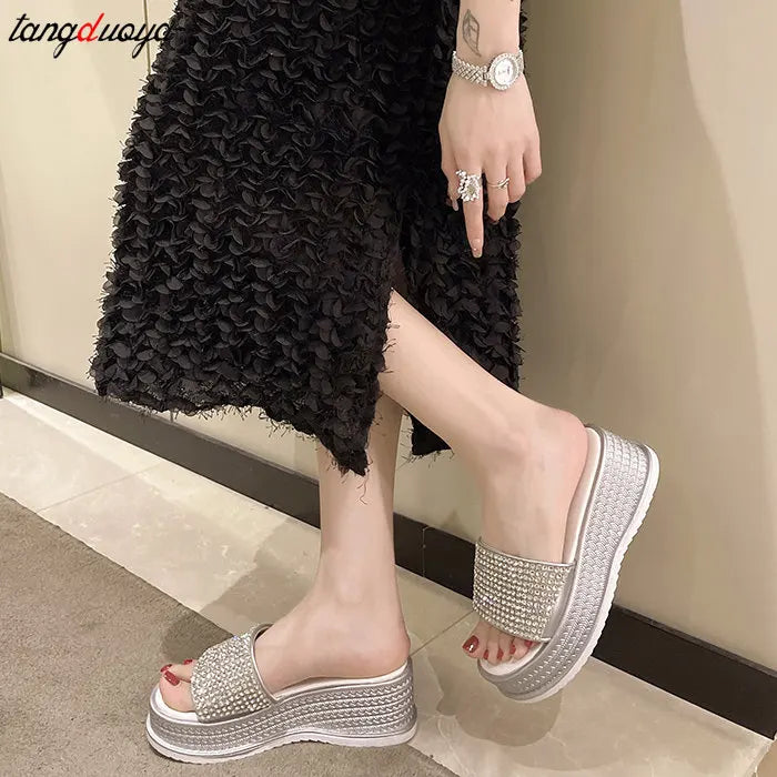 Babs rhinestone slippers Sequined High-heeled One-word Slippers Women Summer Outer Wear Platform Beach Comfort Sandals slippers women