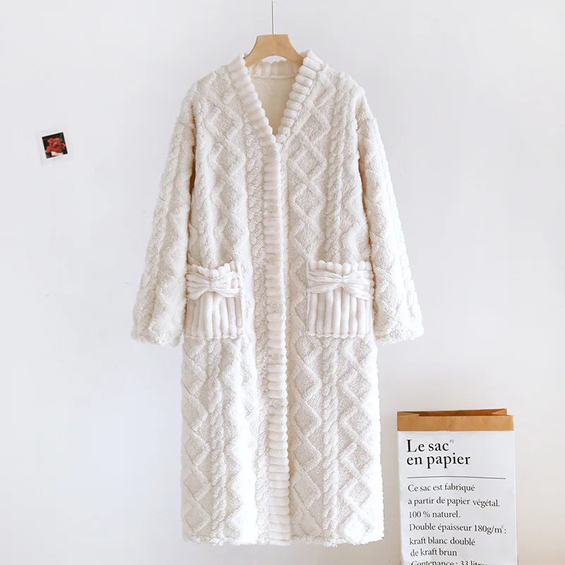 Maxy Flannel Thickening Women's Warm Robe Sleeping Sleepwear Winter Night Clothes Ladies Cardigan Night Gown Bathrobe Woman