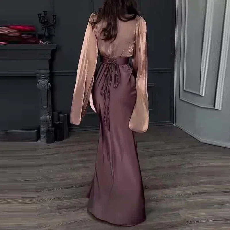 Amay Vintage High Waisted Women Satin Long Dress New Ladies Temperament Crew Collar Dresses Elegant Slim Long Sleeve Banquet Dresses