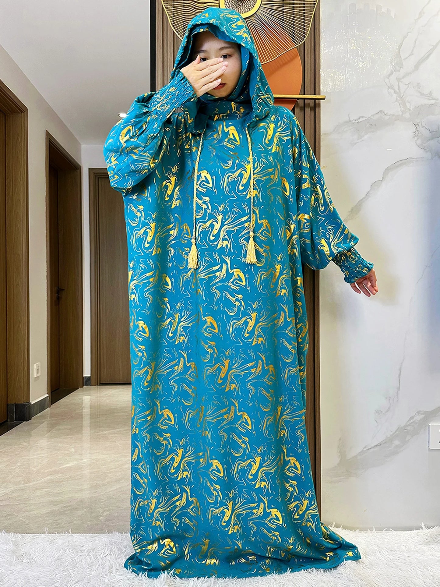 Maxy Fashion Muslim Hijab Long Sleeve Women Eid Hooded Two Hats Cotton Loose Dress Dubai Islamic Arab Robe African Abaya Clothes