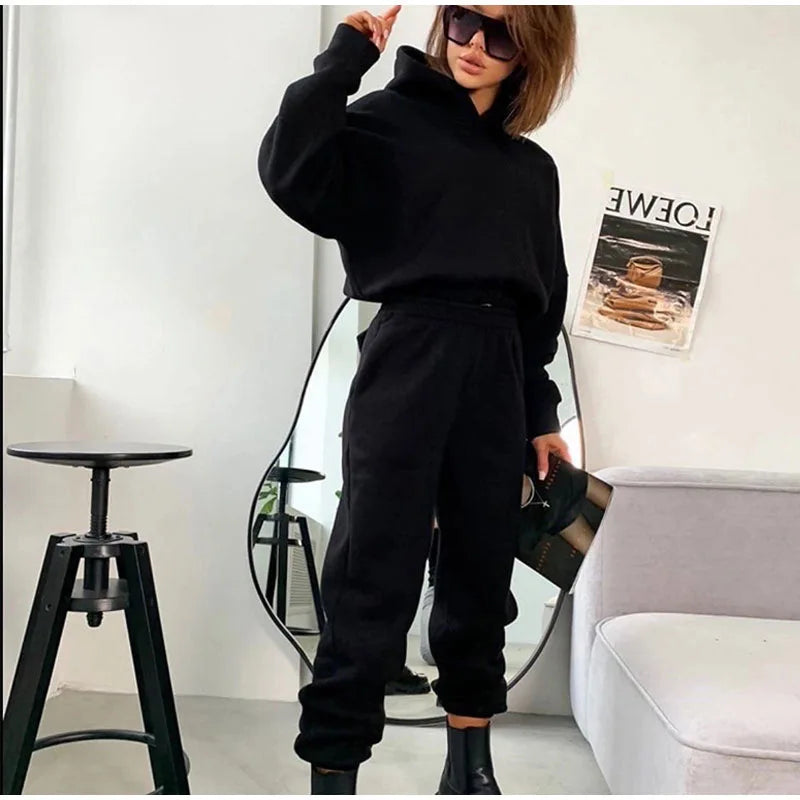 Maxy Pullover Hooded Tracksuit Women Two Pieces Pant Sets Sweatshirts Pockets Pants Suit Thick Elastic Waist Spliced Sporty Autumn