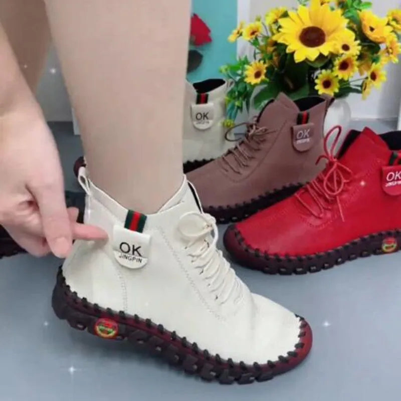 Maxy NEW Women Shoes Autumn Loafers Lace Up Sneakers Casual Flats Solid Soft Bottom Boots Leather High-Top Sneaker Female Shoes