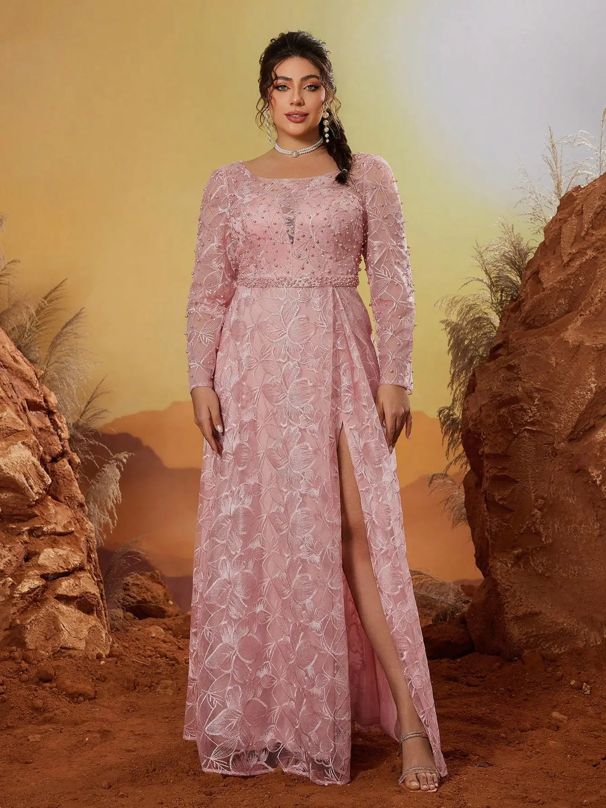 Maxy Andoke round-necked puffed-ball embroidery lace long-sleeved dress with appliquéd trim and side slit