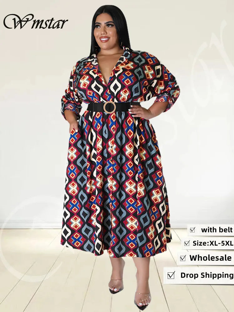 Maxy Plus Size Dresses for Women with Belt V Neck Print Casual Maxy Dress Elegant Fashion Streetwear