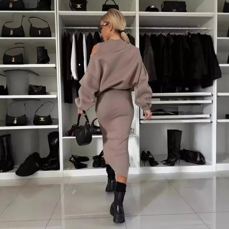 Maxy New Dress With Sweatshirt Two Piece Sets Women Fashion Solid Lantern Sleeve Pullover Top Outfits Autumn Winter Tank Dresses Suit