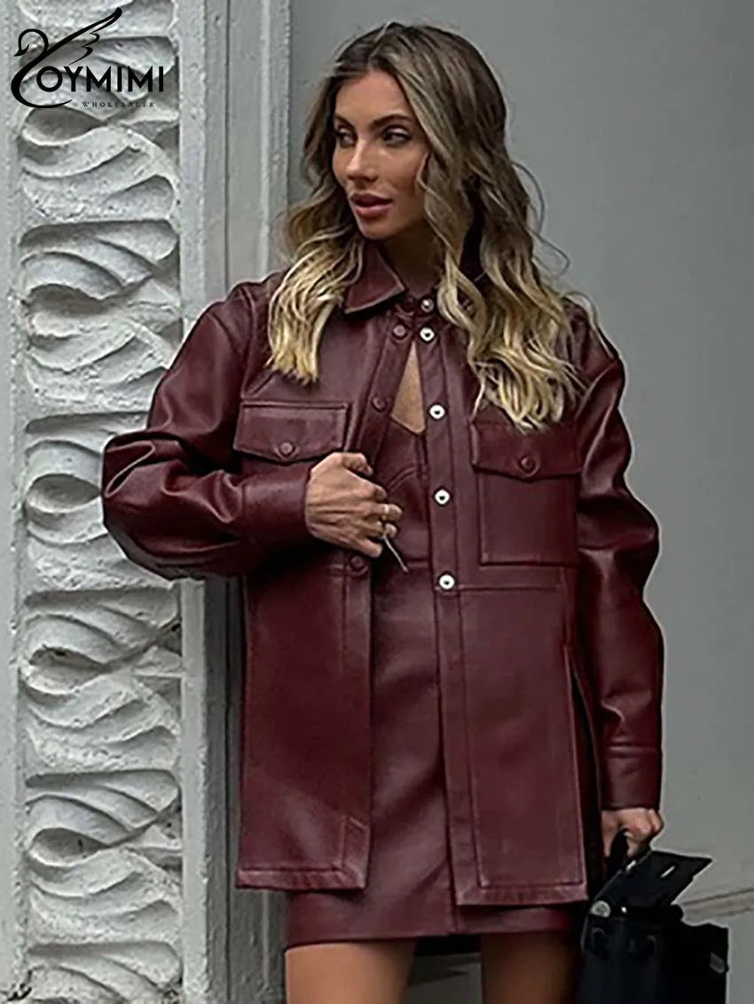 Maxy Ommi Fashion Wine Red Pu Leather Women's Two Pieces Set Elegant Long Sleeve Button Shirts And Spaghetti Strap Mini Dress Sets