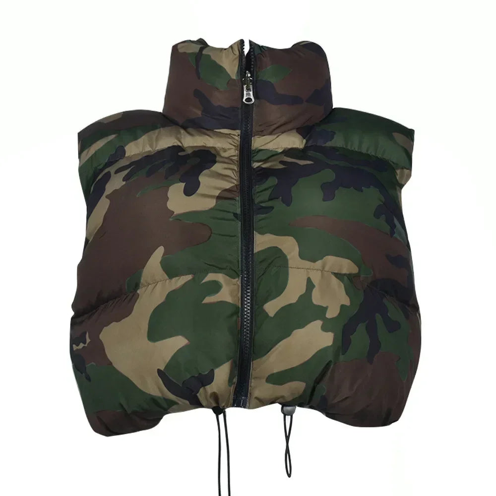 Maxy Street Women Camouflage Zipper Puffer Jacket Hollow Out Sleeve Camo Bubble Coats Stand Collar Collect Waist Parkas Down Jacket
