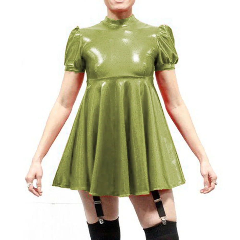 Maxy Plus Size Latex-look Mini Dresses Fashion Mock Neck Pleated A-Line Sissy Dress Rave Party Swing Short Dresses Male PVC Vestidos