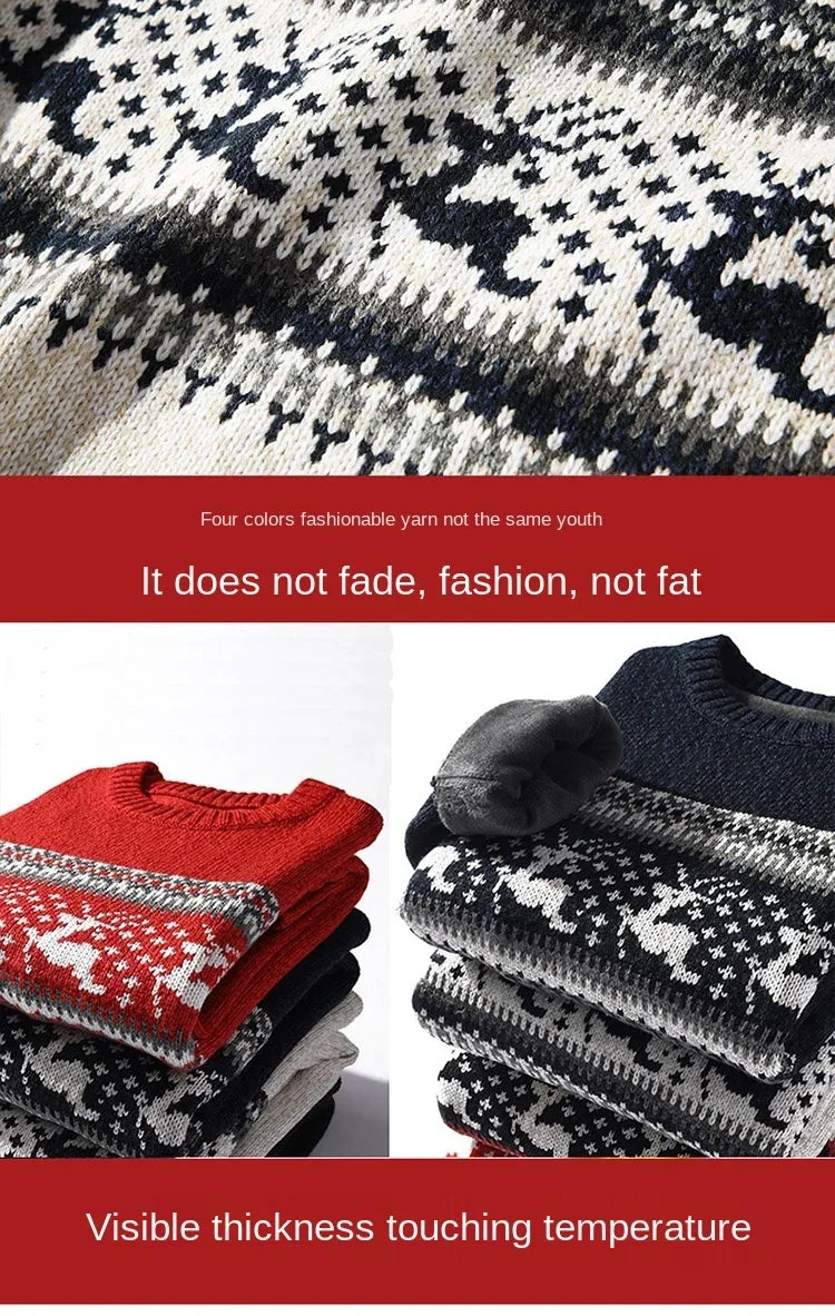 Jacquard Deer Christmas Knitted Sweater Men Red Thick Fleece Wool Men's Jumpers Pullovers Coats Winter Sweater Male Clothing