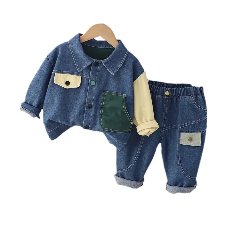 Maxy autumn new 0-5 years boy color matching long-sleeved suit in the children's denim jacket casual pants children two-piece set