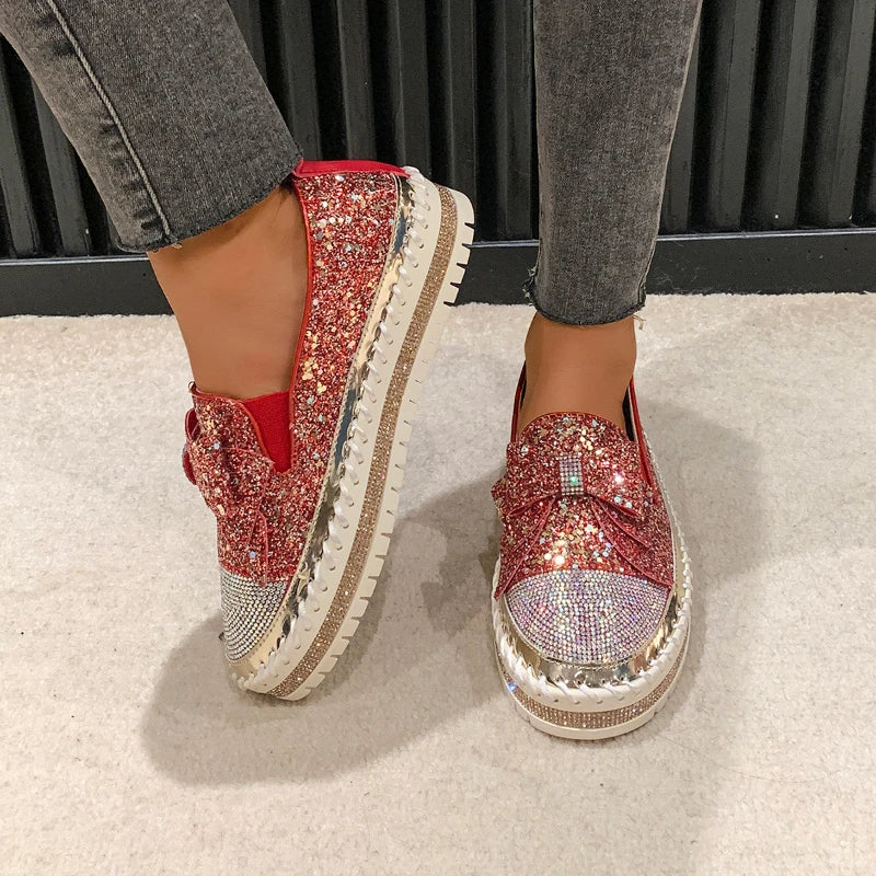 Maxy Fashion Women Shoes Shining Rhinestone Loafer Bowknot Slip-on Thick Botton Casual Ladies Crystal Female Platform Sneakers Sports