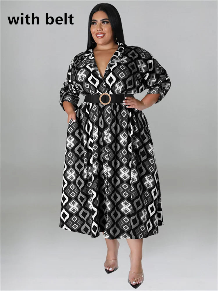 Maxy Plus Size Dresses for Women with Belt V Neck Print Casual Maxy Dress Elegant Fashion Streetwear