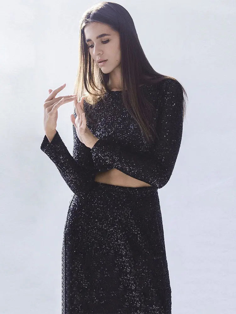 Maxy Autumn Sequin Dress Suit Sexy Club Party Women Crop Top+Long Skirt Elegant Two Piece Matching Set
