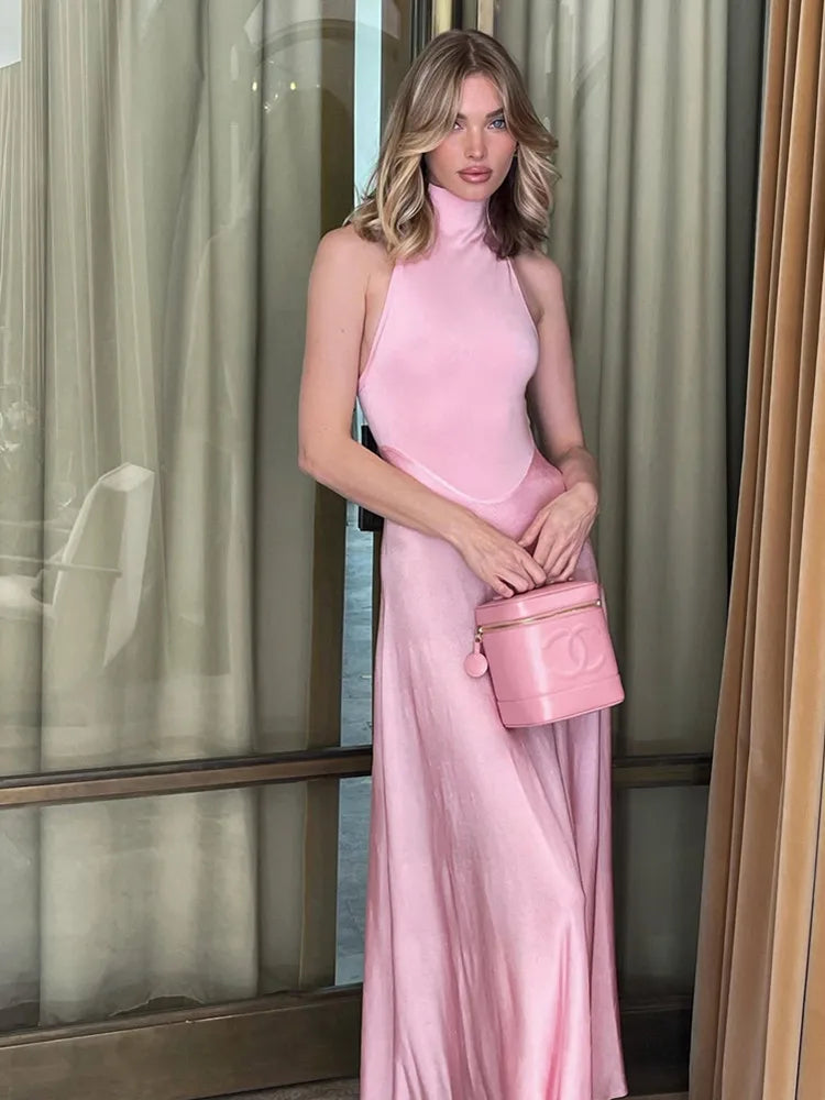 Women Luxury Maxy Light Pink Dress Elegant Sleeveless Turtleneck Patchwork Long Celebrity Evening Party Gowns High Quality Gala Dress