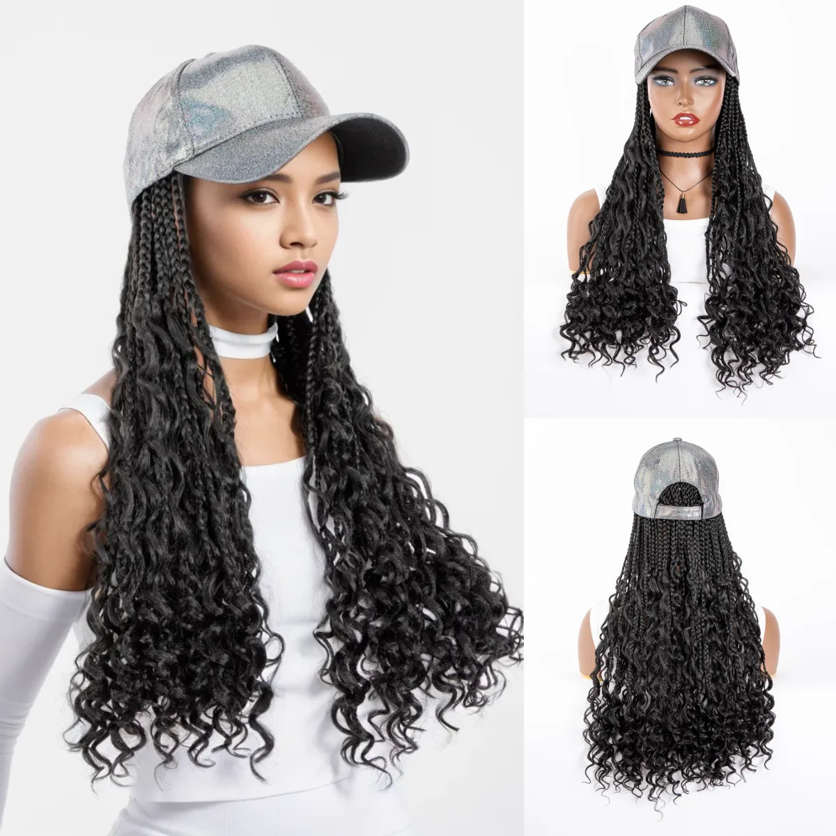 Maxy 20 Inch Black Long Synthetic Ombre Boho Box Braiding With Baseball Cap With Braids Hair Extensions Curly Wigs For Women