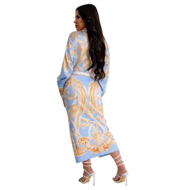 Maxy Elegant Ladies New Midi Skirt Set Women Dress Fashion Print Long Sleeve Shirt Blouses Skirt Holiday Commuting Two Piece Suit