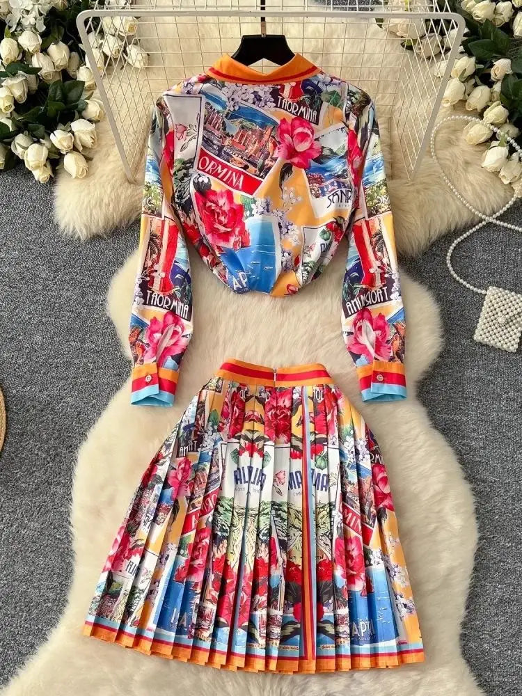 Maxy Elegant Short Dress Floral 2 Piece Sets Women Spring Summer Holiday Shirts A Line Pleated Skirts Suits Two Piece Outfit