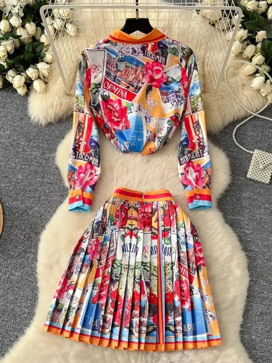 Maxy Elegant Short Dress Floral 2 Piece Sets Women Spring Summer Holiday Shirts A Line Pleated Skirts Suits Two Piece Outfit