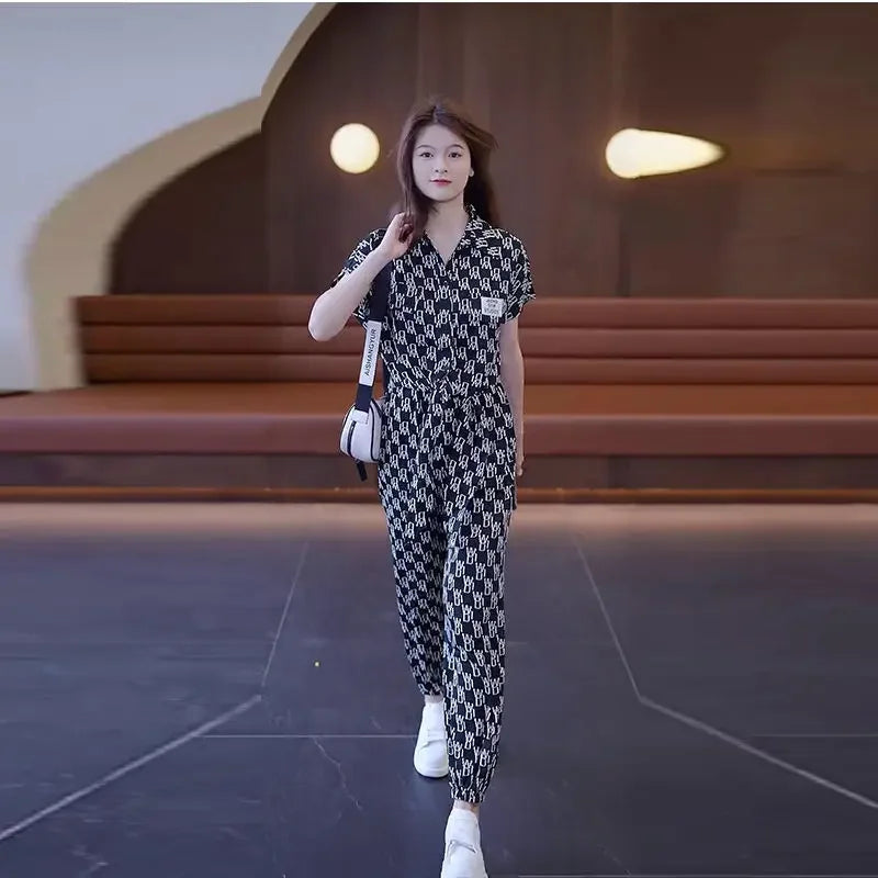 Maxy Women's Pants Two Piece Set Ladies Trouser Floral Summer Promotion Korea Stylish with Sleeve New Matching Clothes D