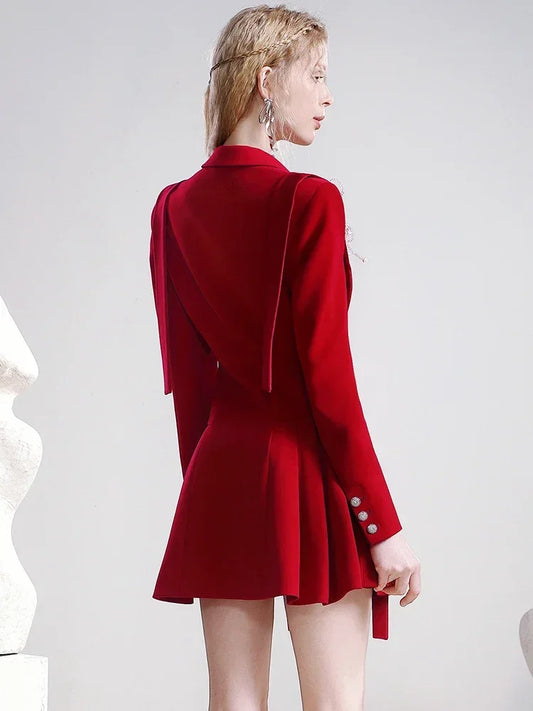 Maxy Designer Dress Women Autumn New Annual Meeting Red Bridal Dress Slim and Thin Temperament Design Suit Blazer Dress