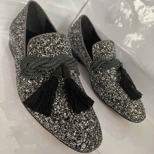 Amay Plus Size Silver Italian Glitter Loafers Mens Sequin Shoes Men Tassel Dress Wedding Shoes Classic Loafer Formal Shoes