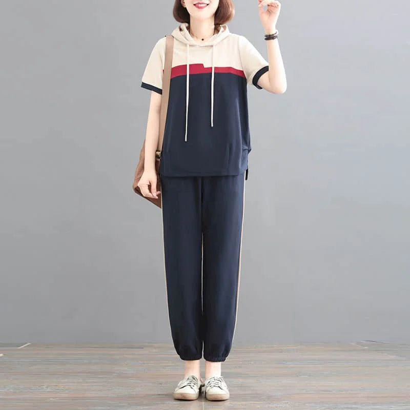 Maxy Pants Set Large Size Korean Style Loose Short Sleeve Hooded Tracksuit T-shirt and Blue Harem Pants Two Piece Set Women Outfits