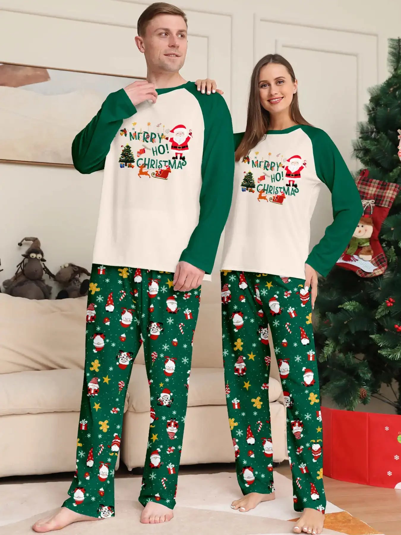 Merry Christmas Green Print Family Matching Outfits Casual Loose Sleepwear Full Sleeve O Neck Pajamas Adults Kids Clothing Set