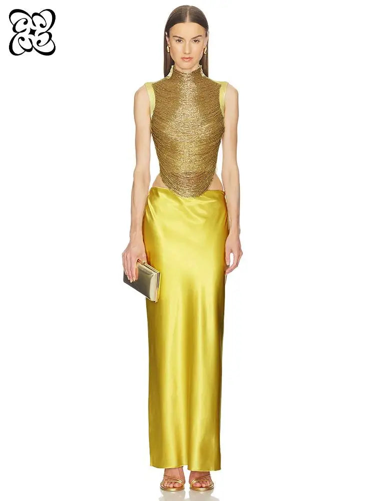 2026 Yellow Two-Piece Evening Gown for Women High Neck Gold Textured Crop Top & Bandage Maxi Skirt Wedding Guest Prom Dress