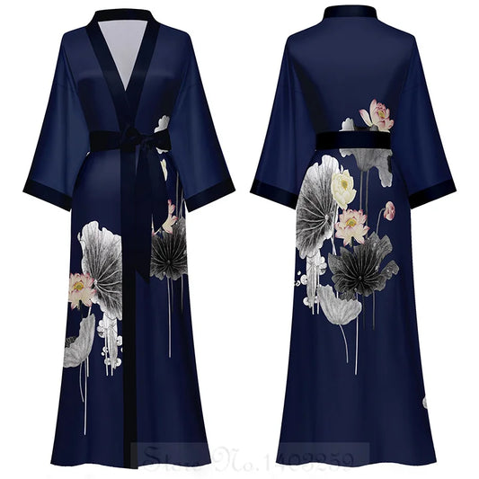 Maxy Japanese Style Half Sleeve Kimono Bathrobe Gown Female Long Robe Nightgown Sleepwear Loose Satin Print Flower Home Dressing Gown