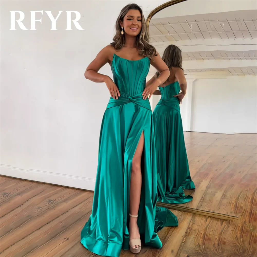 Maxy RFYR Green Elegant Beach Women Evening Dress Simple Sleeveless with Pleats Satin Scoop Split Prom Formal Gowns Dress Customized