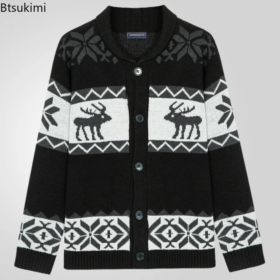 2025 Autumn Winter Men's Snowflake Christmas Sweater Knitted Sweater V-Neck Casual Knit Jumpers Pullovers Home Warm Outwear Male