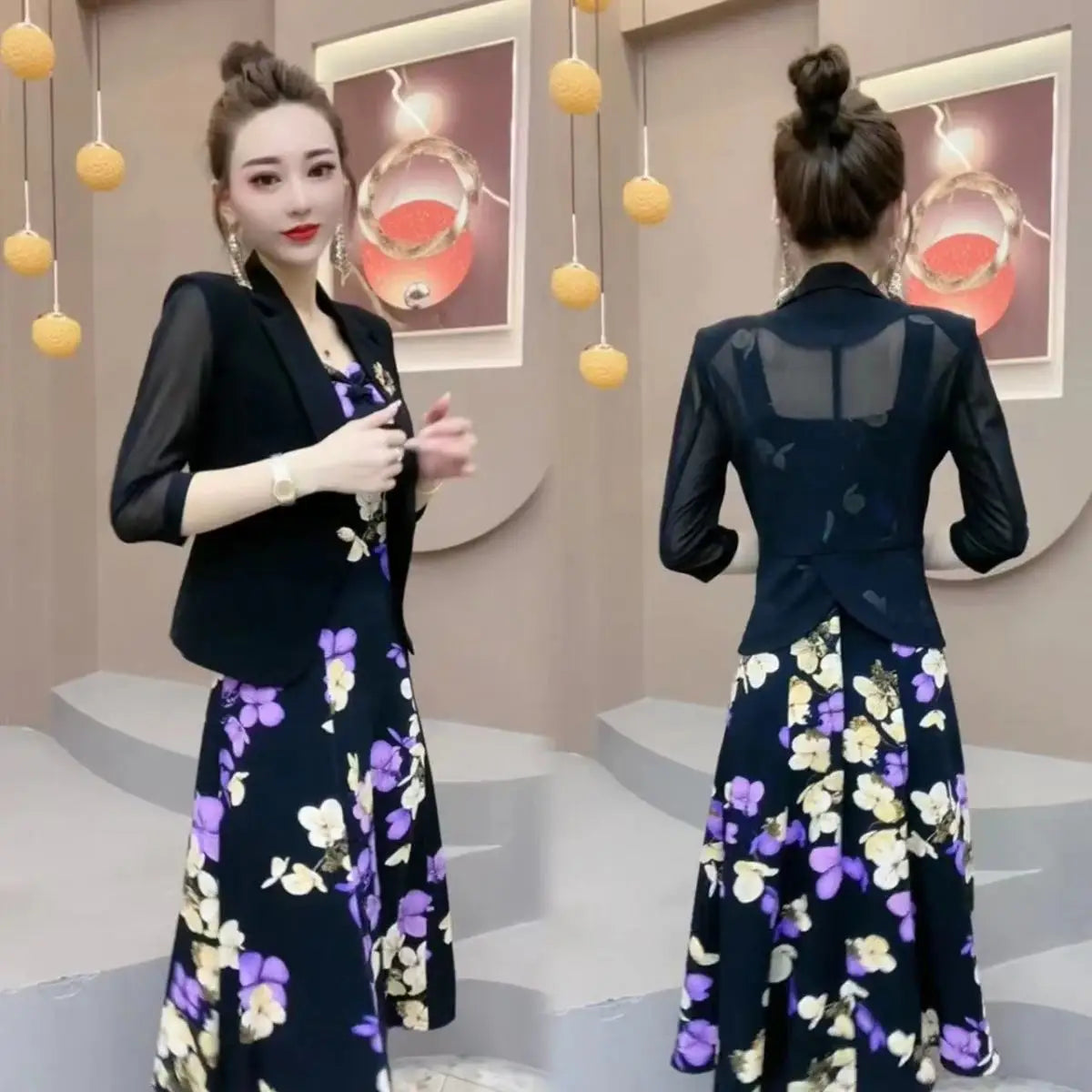 Maxy Popular High-End Brooch Blazer Slip Dress Suit Jacket Women's Summer Fashion Blazer Suit Skirt Two-Piece Set Sling Print Dress