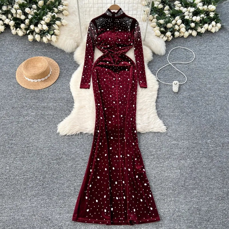 Maxy Elegant Long Sleeves Vintage Turtleneck Chic Rhinestone Slim Velvet Dresses Korean Evening High Street Autumn Winter Clothing