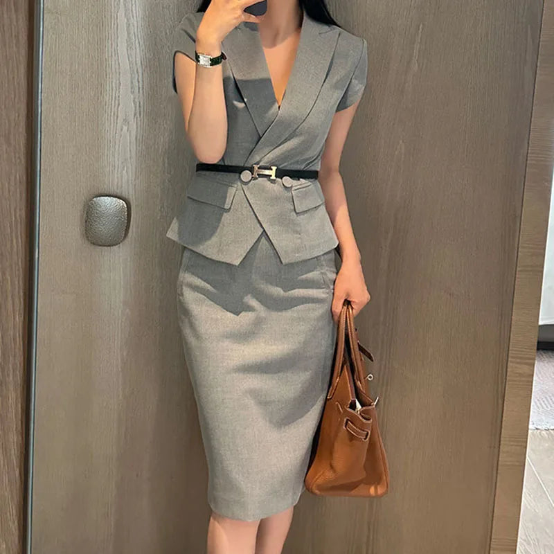Amay Suit skirt women's summer new professional dress slim fashion short sleeve suit slim skirt two-piece suit