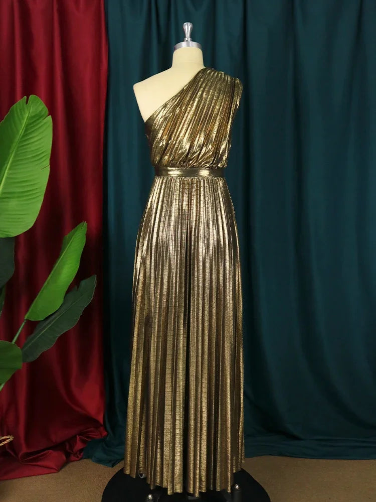 Amay Women Even Dresses Luxury Maxi Long Metallic Pleated Dress One Shoulder Sleeveless Premium Shiny Shimmer Gowns Big Size