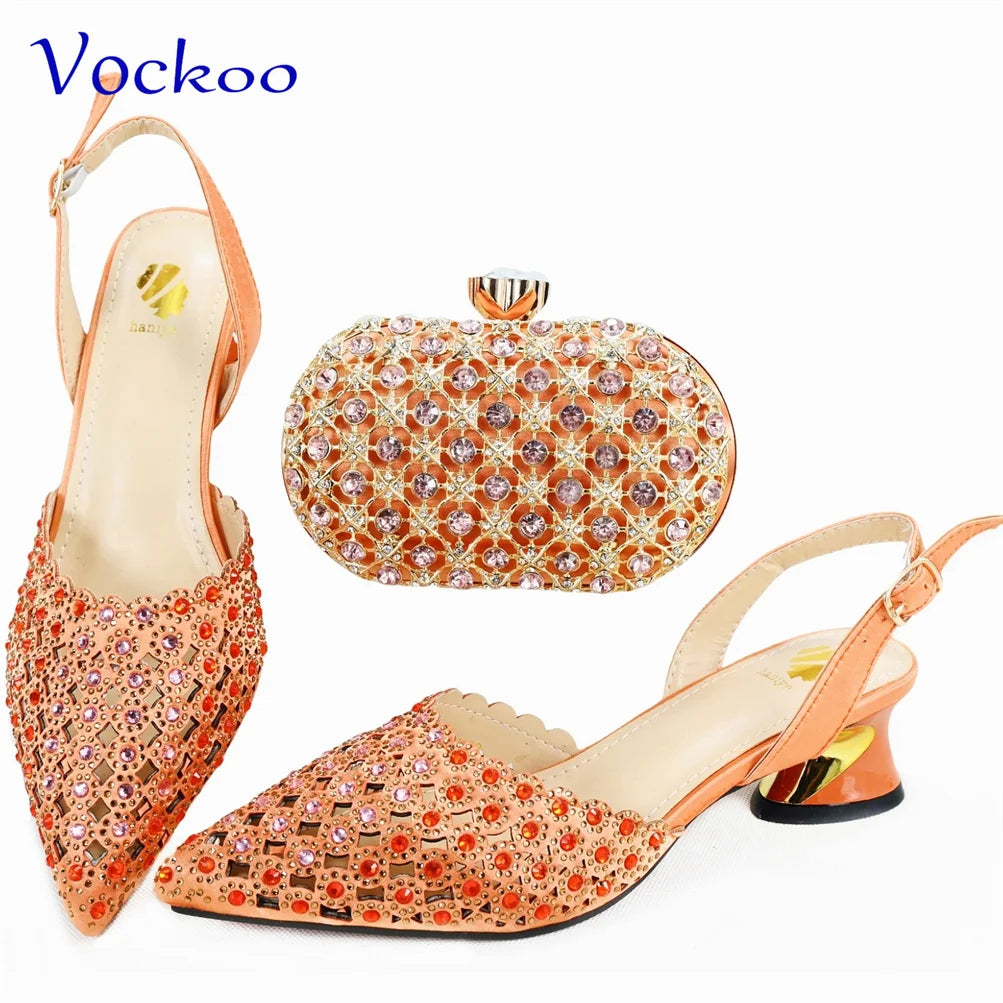 Maxy Fashion Purple Color Magazine Hollow Design Noble and Elegant Women's Low Heeled Shoes Paired with Evening Bags.
