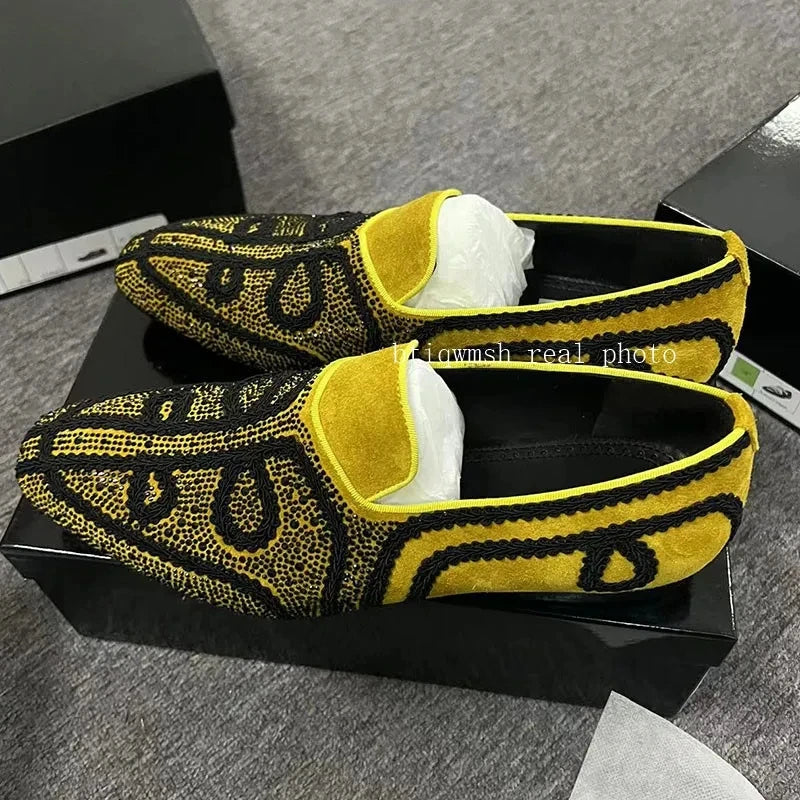 Visco Red Embroidery Rhinestone Shoes Man Pointed Toe Flower Slip On Flats Male Fashion Party Shoes