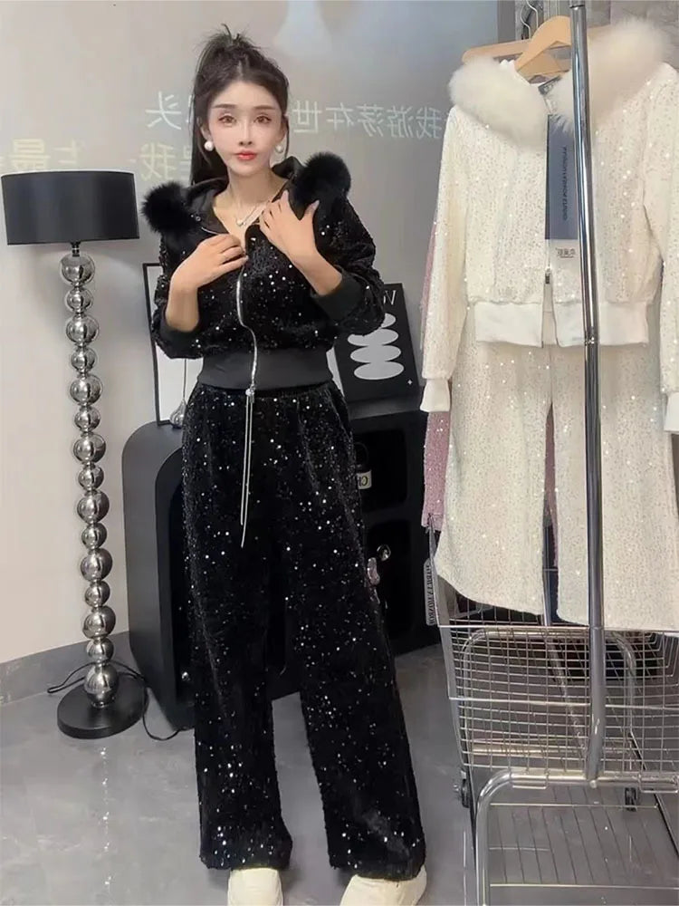 Maxy Fashion plush Casual set Autumn Winter design with fur collar sequin hooded sweater Coat and wide leg pants two-piece sets