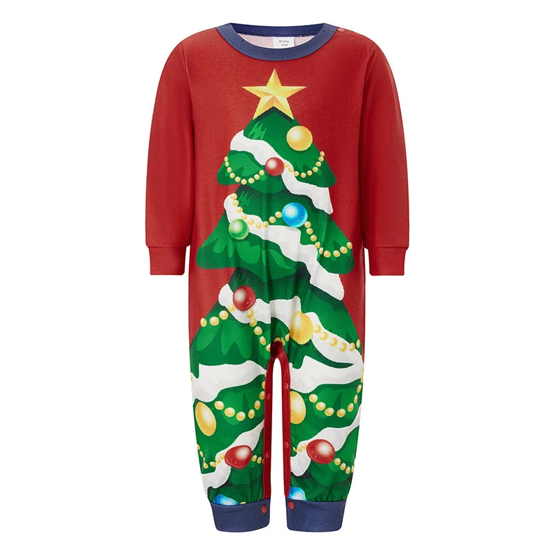 Family Matching Christmas Pajamas Baby Romper Dog Clothes Christmas Tree Print Tops and Pants Sleepwear Set