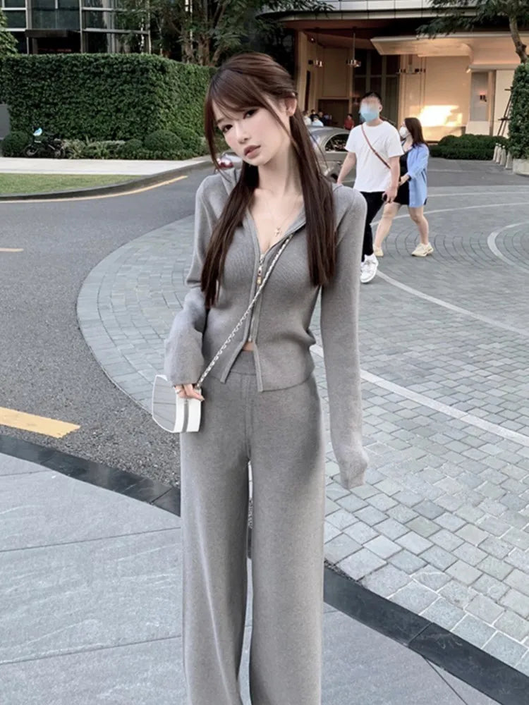 Women Knitted Tracksuits Autumn Winter Hooded Long Sleeve Short Jacket High Waist Wide Leg Pants Two Piece Set Fashion Outfits