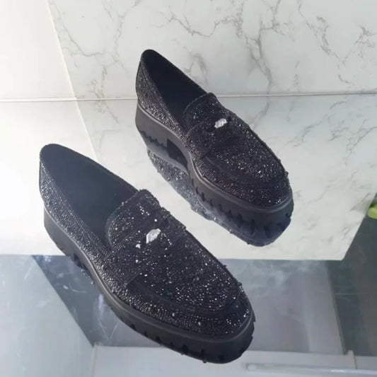 Visco Black Rhinestone Loafers Men Suede Shoes Thick Soles Platform Shoes Leather Dress Shoes Handmade Men's Party And Wedding Shoes