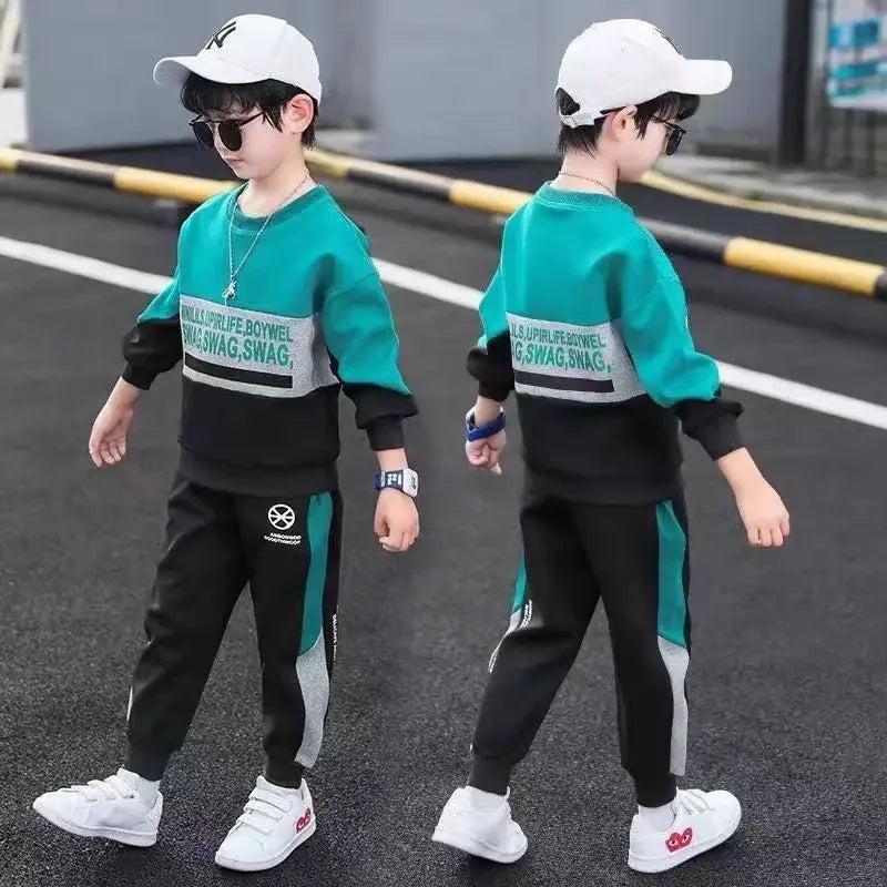 Maxy spring winter Boys Tracksuit velvet Children patchwork letters Cotton T-Shirt + Pants Suit Clothes children Set 10 12 Year