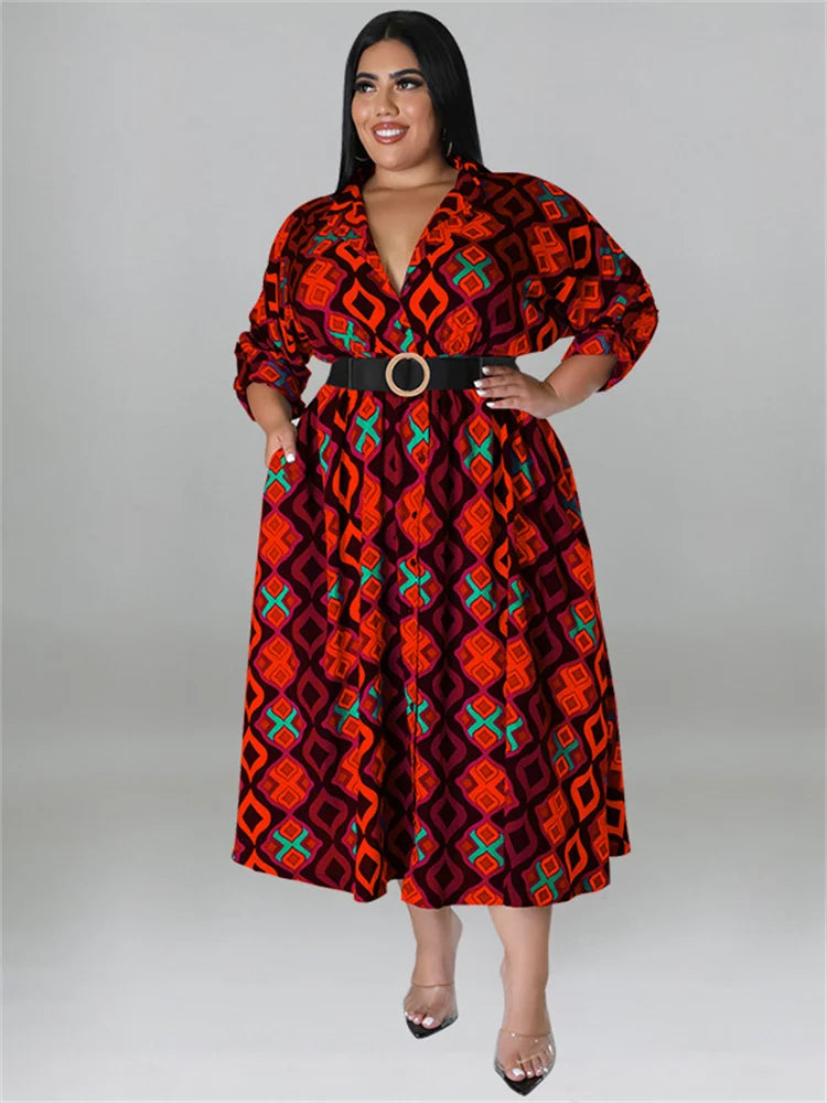 Maxy Plus Size Dresses for Women with Belt V Neck Print Casual Maxy Dress Elegant Fashion Streetwear