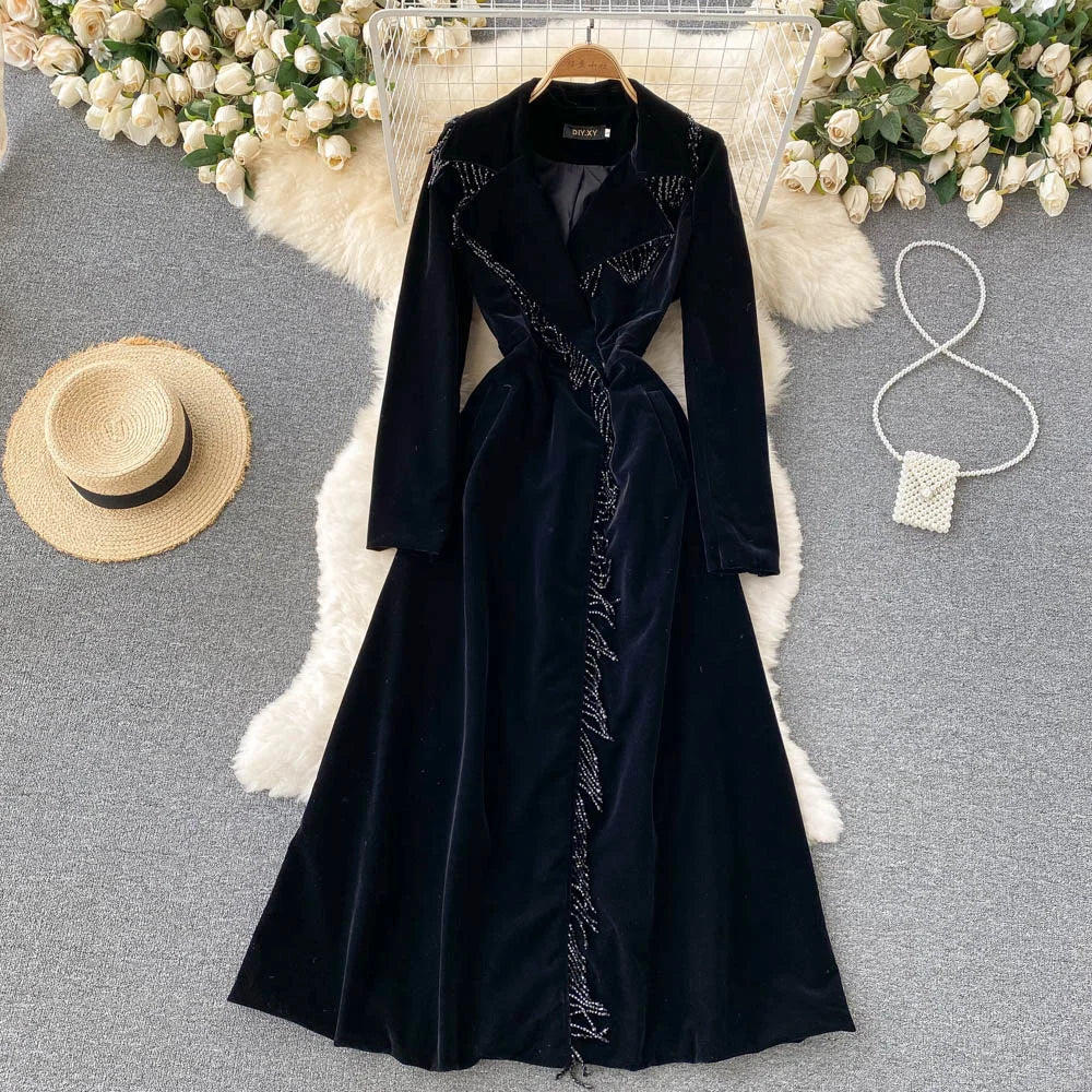 Maxy Autumn Winter Women Black Velvet Dress Vintage Bling Tassel Notched Collar Suit Coat Trench Party Dress
