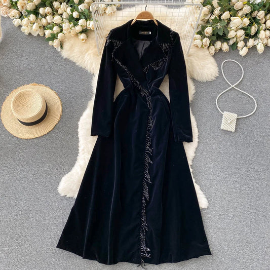 Maxy Autumn Winter Women Black Velvet Dress Vintage Bling Tassel Notched Collar Suit Coat Trench Party Dress
