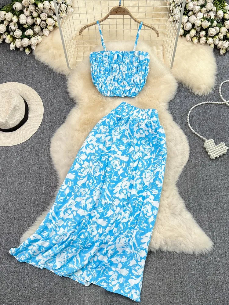 Maxy Summer Floral Print Two Pieces Set Women Fashion Elegant Casual Fold Sleeveless Tops And Long Skirt Sexy Slim 2 Piece Sets