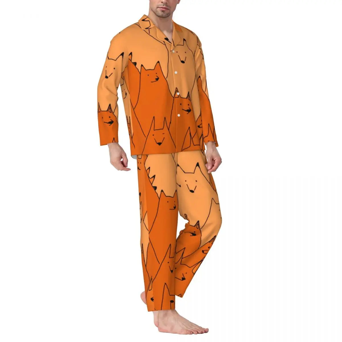 Maxy Cute Fox Print Pajama Sets Funny Christmas Kawaii Sleepwear Man Long Sleeve Loose Leisure 2 Pieces Nightwear Big Size XL 2XL