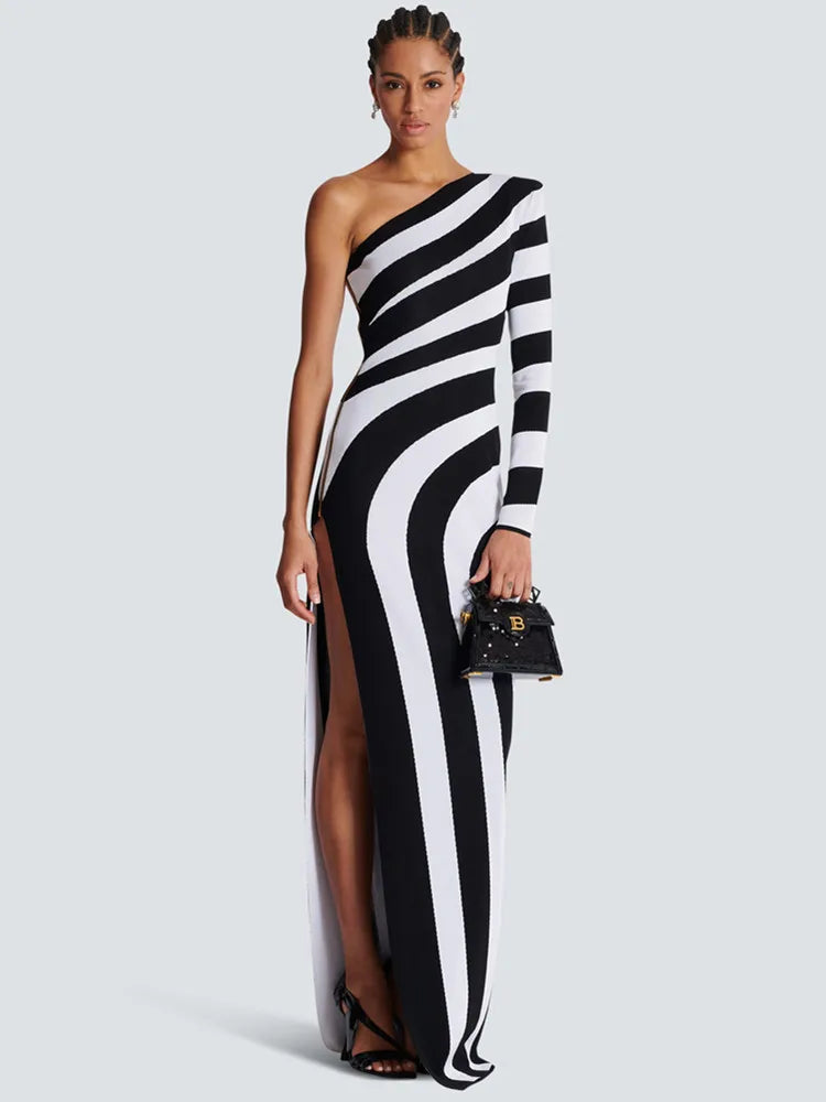 Women Autumn Evening Maxy Dress Elegant One Shoulder Long Sleeve Black White Stripe Ankle Length Elastic Celebrity Club Party Gowns