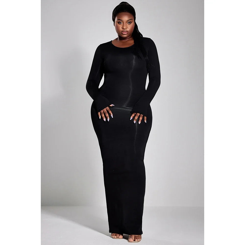 Amay Plus Size Casual Dress Black Solid Round-Neck Long Sleeve Knitted Slim Fit Maxy Dress